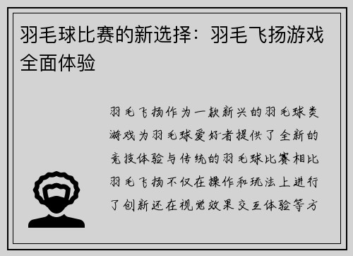 羽毛球比赛的新选择：羽毛飞扬游戏全面体验